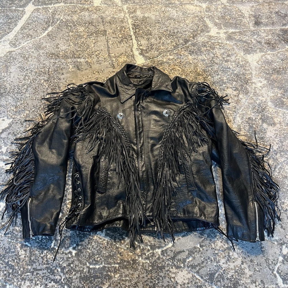 House of Leather Motorcycle Jacket Black Leather  Fringe Zip Out Liner Size 54